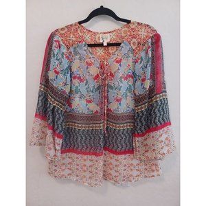 Fig and Flower Top Women Sz M Orange Multi Media 3/4 Sleeve Chiffon Semi Sheer